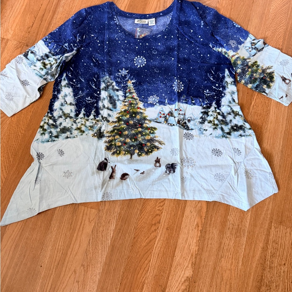Cozy Christmas Tree Print Women's Tunic Camisole - Blue/White